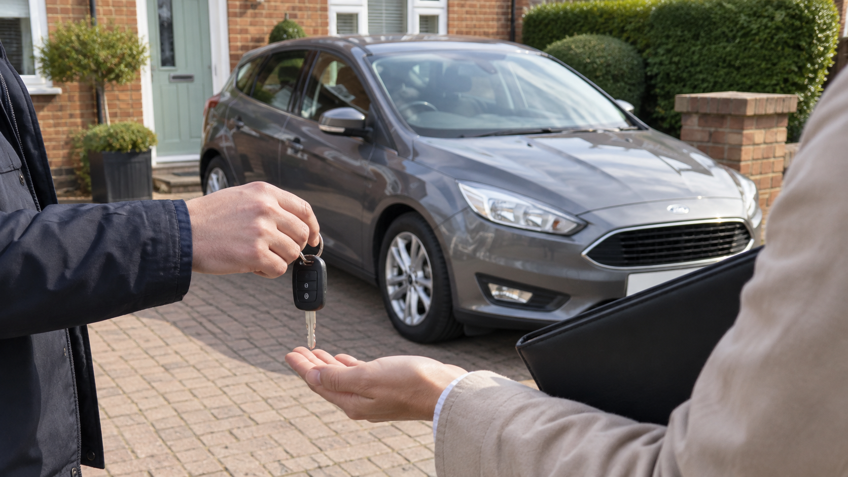 A used car key handover on a British driveway