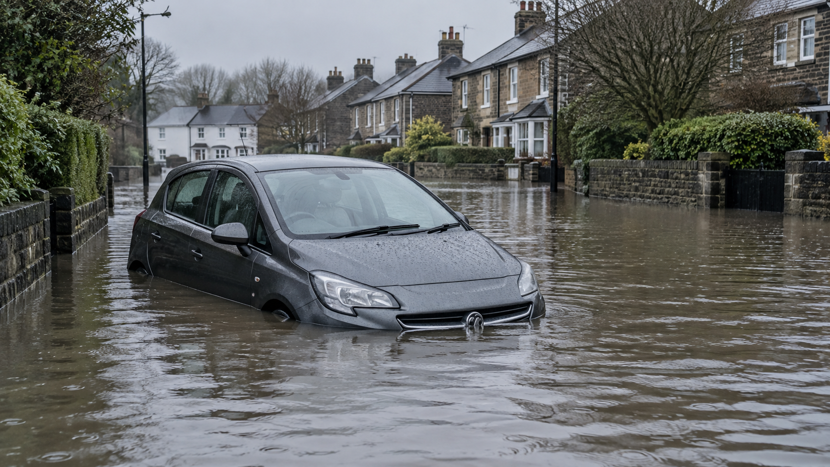 A hatchback partly submerged in floodwater on a British street