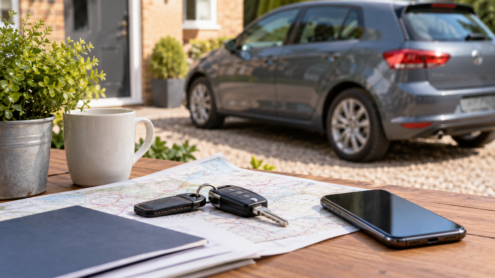 Car keys and motoring paperwork on a table outside a home